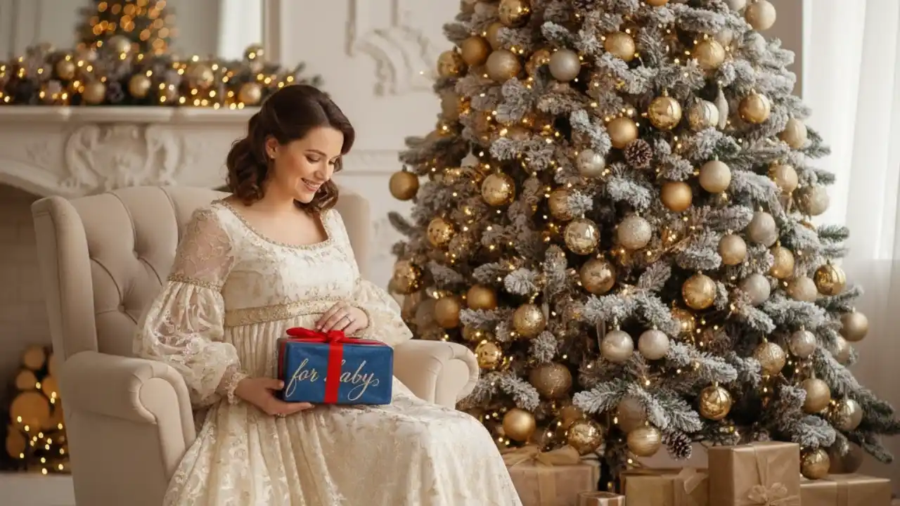 ایدهی ژست بارداری با هدیههای کریسمس