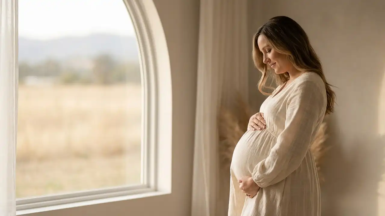 ایده عکاسی بارداری ایستاده با تأکید روی شکم