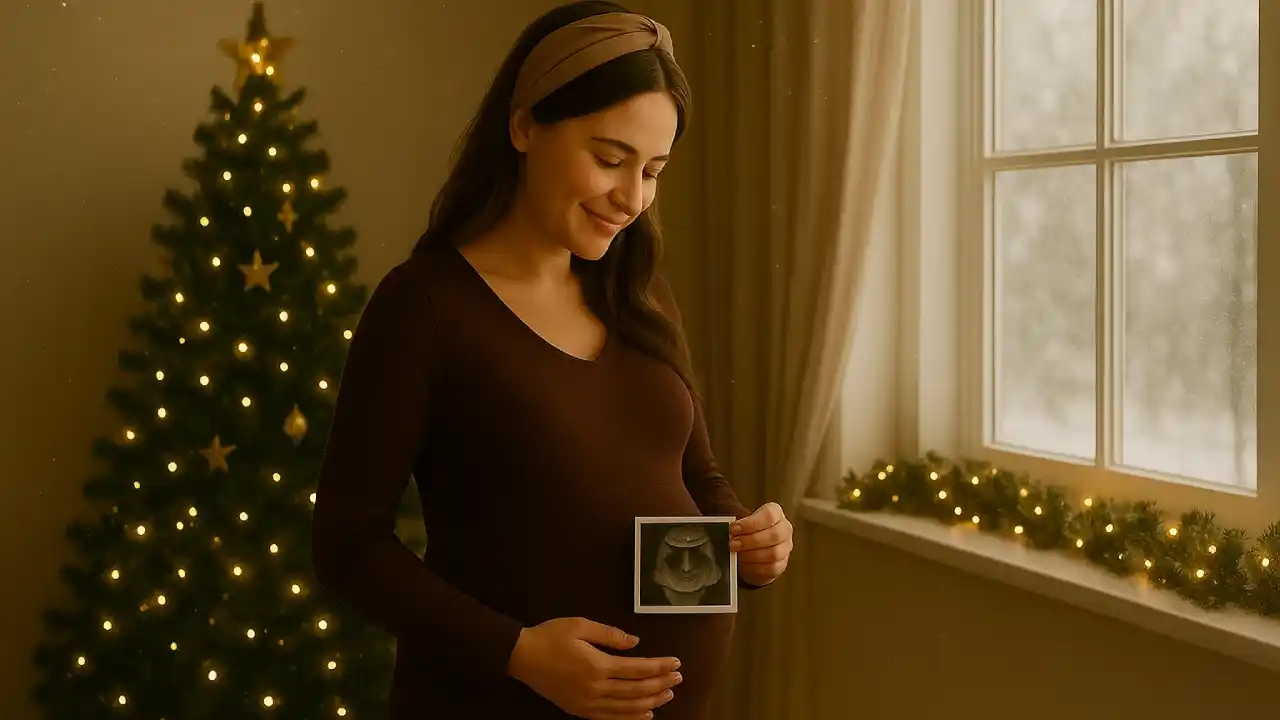 ایدهی عکاسی بارداری در خانه با تم درخت کریسمس