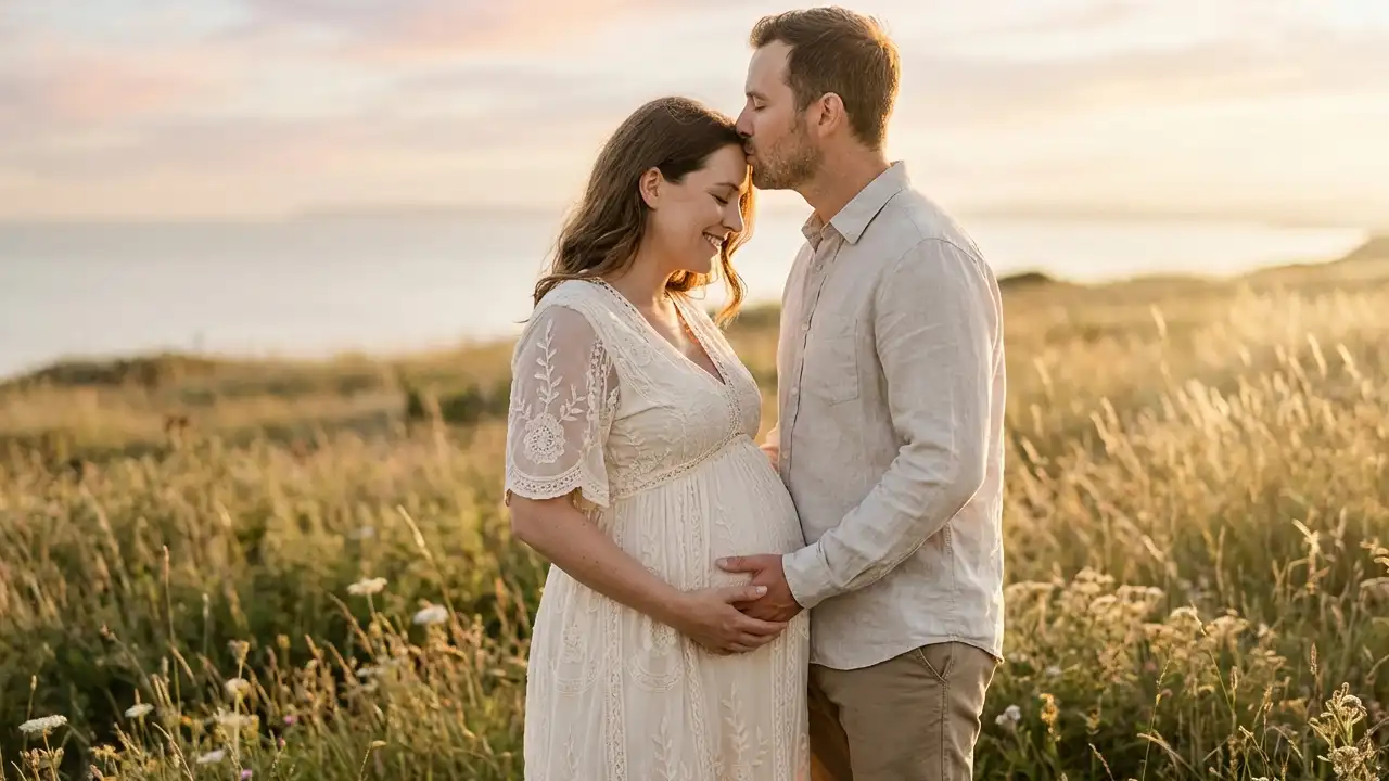 ژست بارداری بوسه بر پیشانی و لمس مشترک شکم