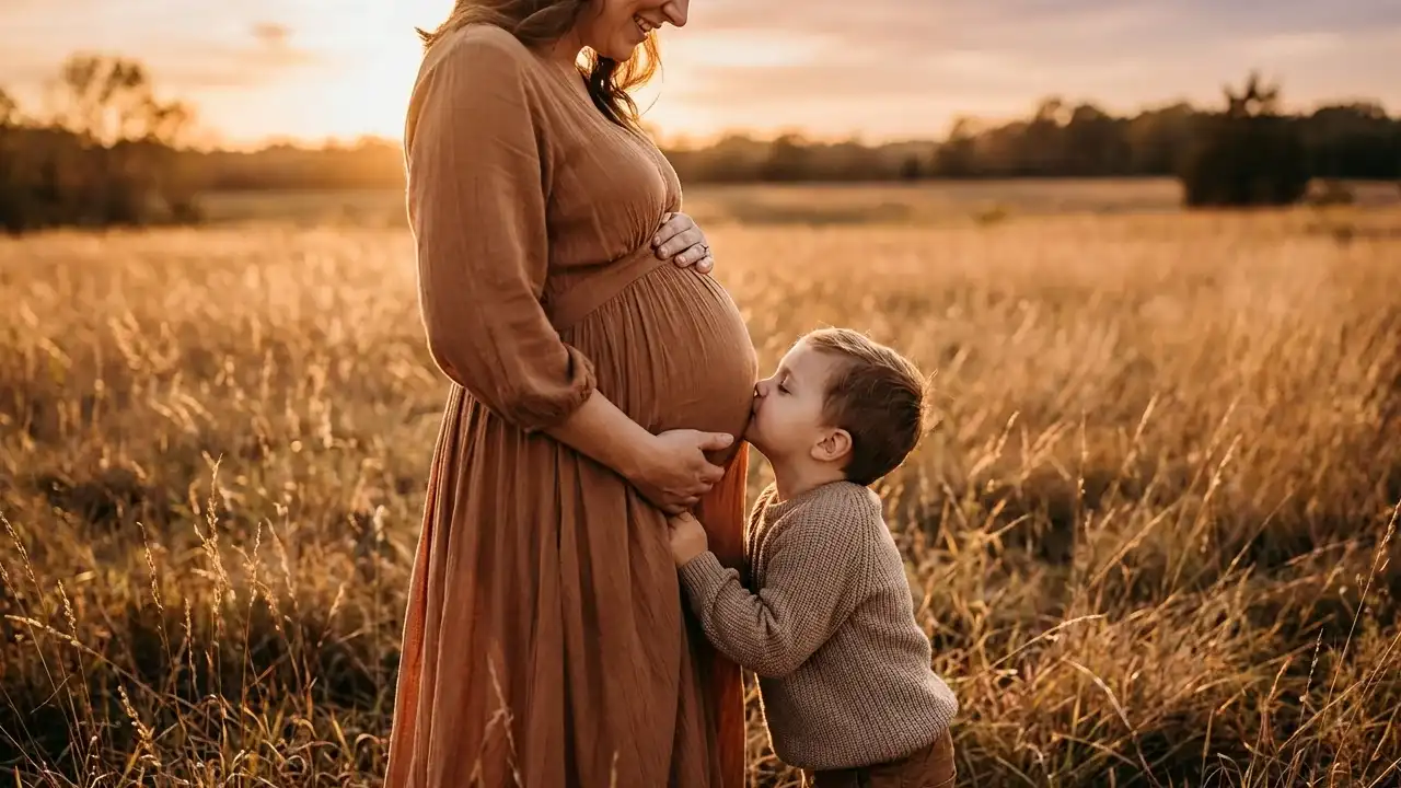  ژست عکاسی بارداری با فرزند در طبیعت