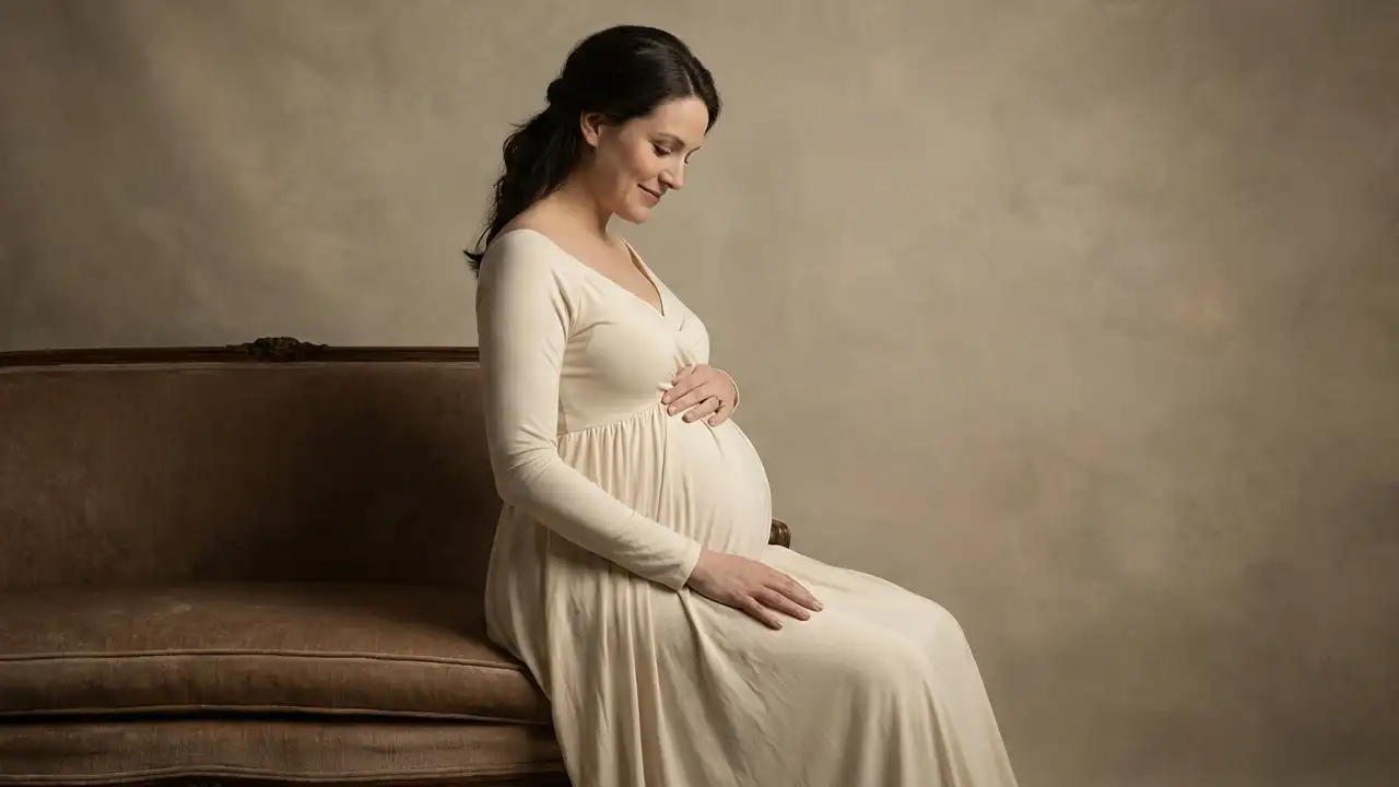 ژست بارداری؛ نشستن روی مبل کلاسیک آتلیه