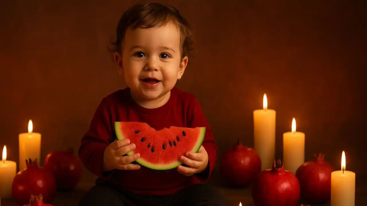 عکس کودک با انار و هندوانه