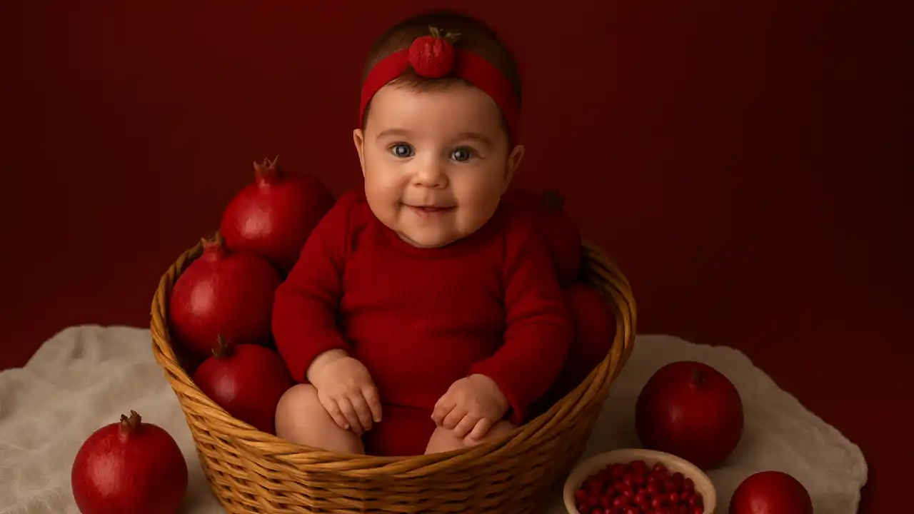 ایده‌ی عکاسی از نوزاد با تم اناری در شب یلدا