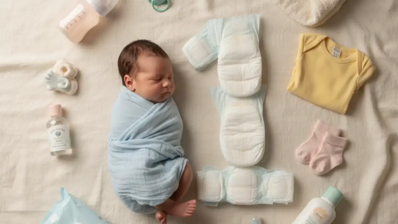 عکس ماهگرد نوزاد با پوشاک و وسایل بهداشتی