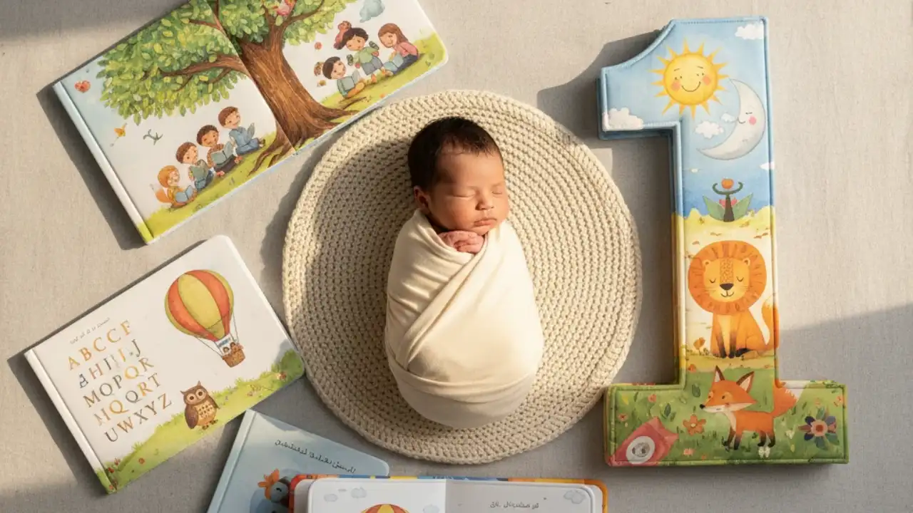 عکس ماهگرد نوزاد با کتاب داستان