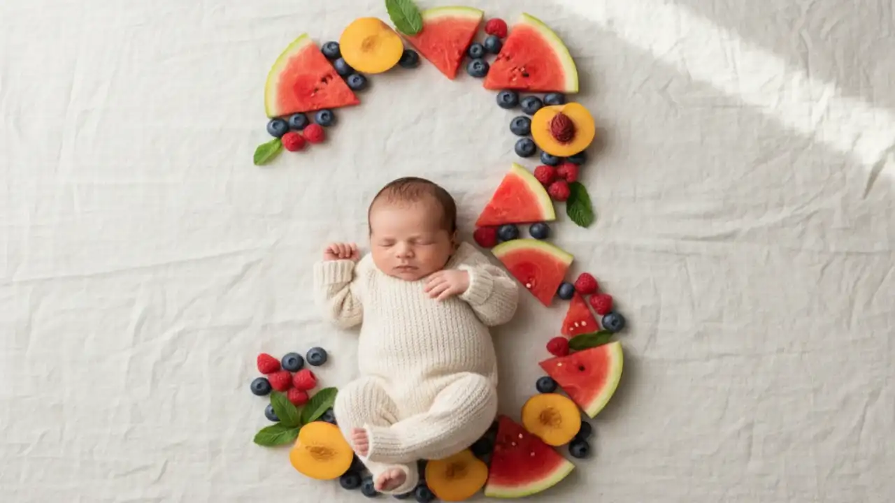 عکس ماهگرد نوزاد با میوه‌های ماه