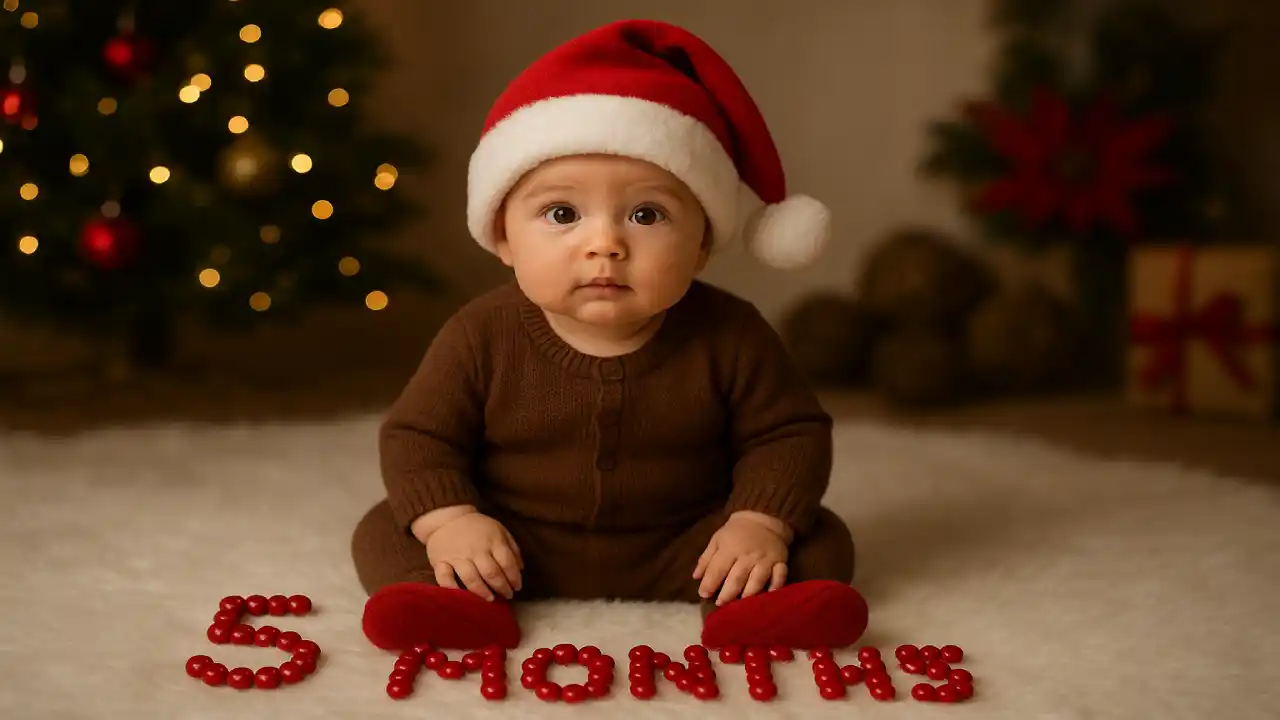 ایده عکس ماهگرد نوزاد زمستانی با حال‌وهوای کریسمس